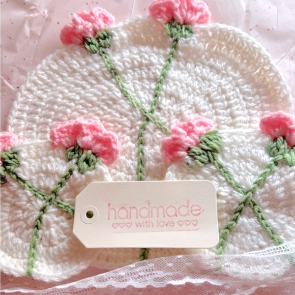 Other - Floral Crochet Kids Coasters - Pink and White